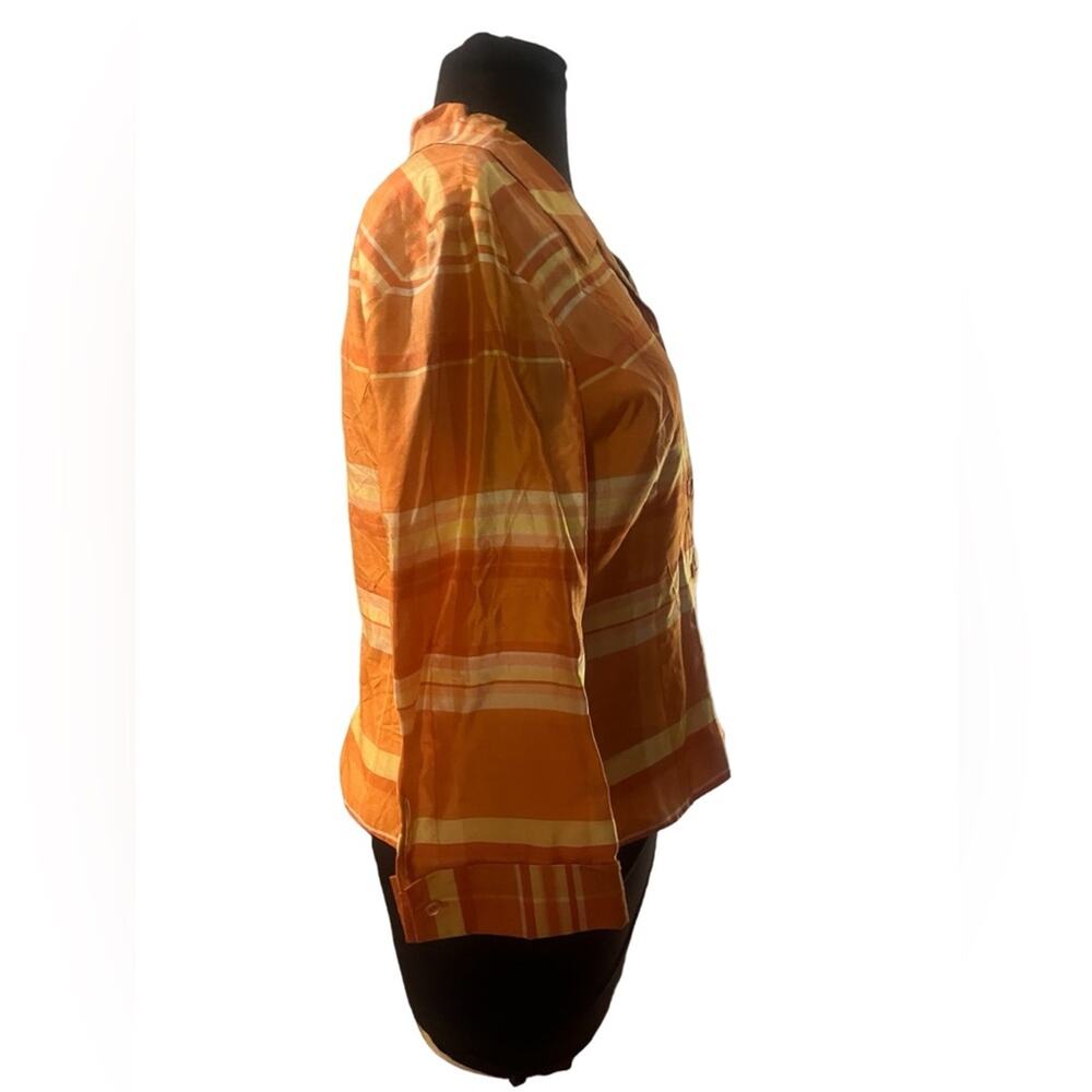 Vtg 90s Silk Orange Plaid Stripe Boxy Button Front Retro Preppy Colorful Blouse - Picture 3 of 7